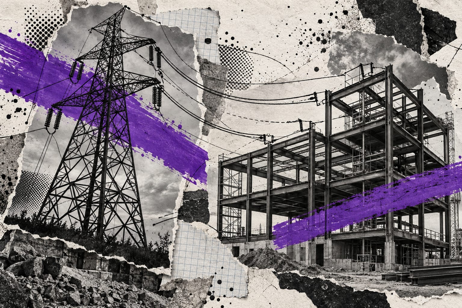 Black-and-white cut-outs of a transmission pylon and an empty steel building frame are joined by violet paint and ink lines.