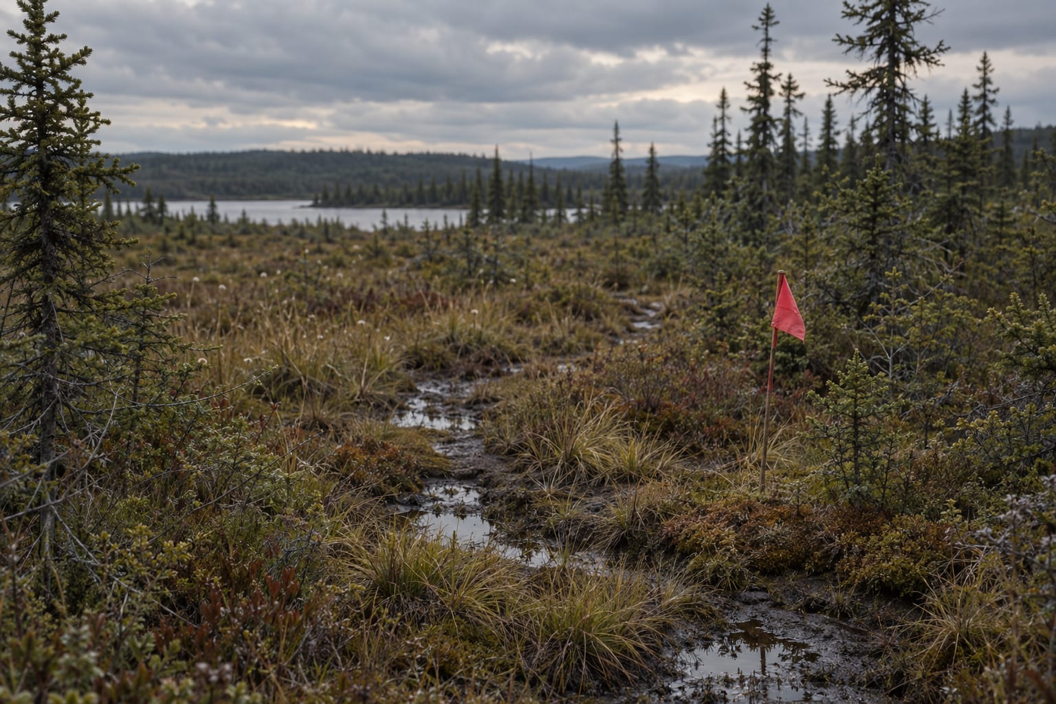 A red survey flag stands in wet boreal muskeg under an overcast sky.