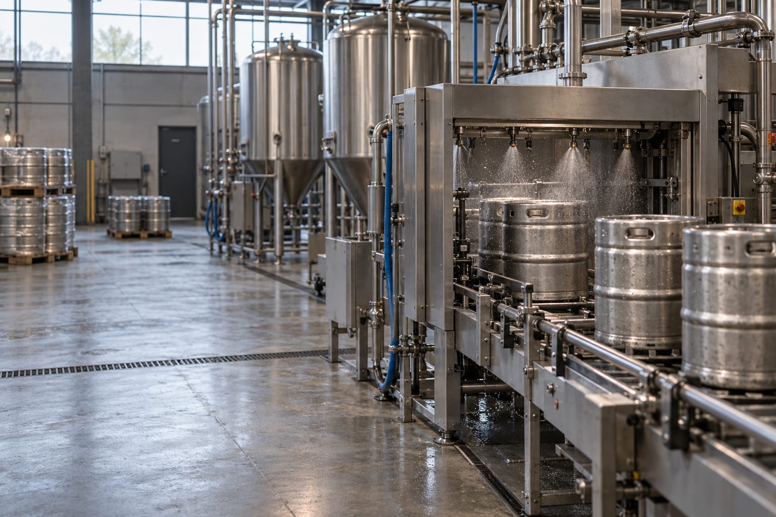 Unbranded stainless-steel kegs move through a washing station in a generic brewery.