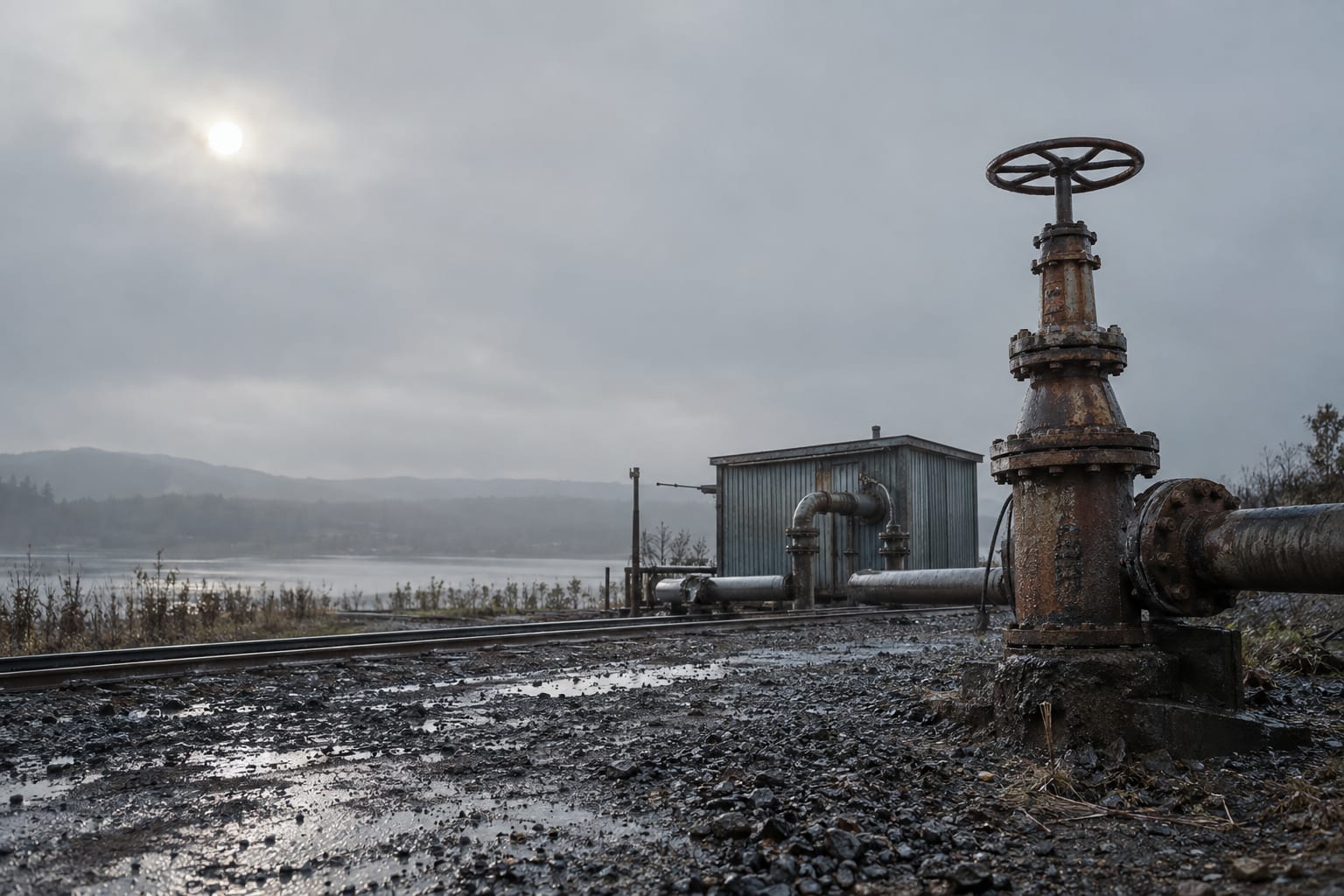 An oversized steel pipeline valve stands beside an anonymous oil-transfer railway siding under overcast skies.
