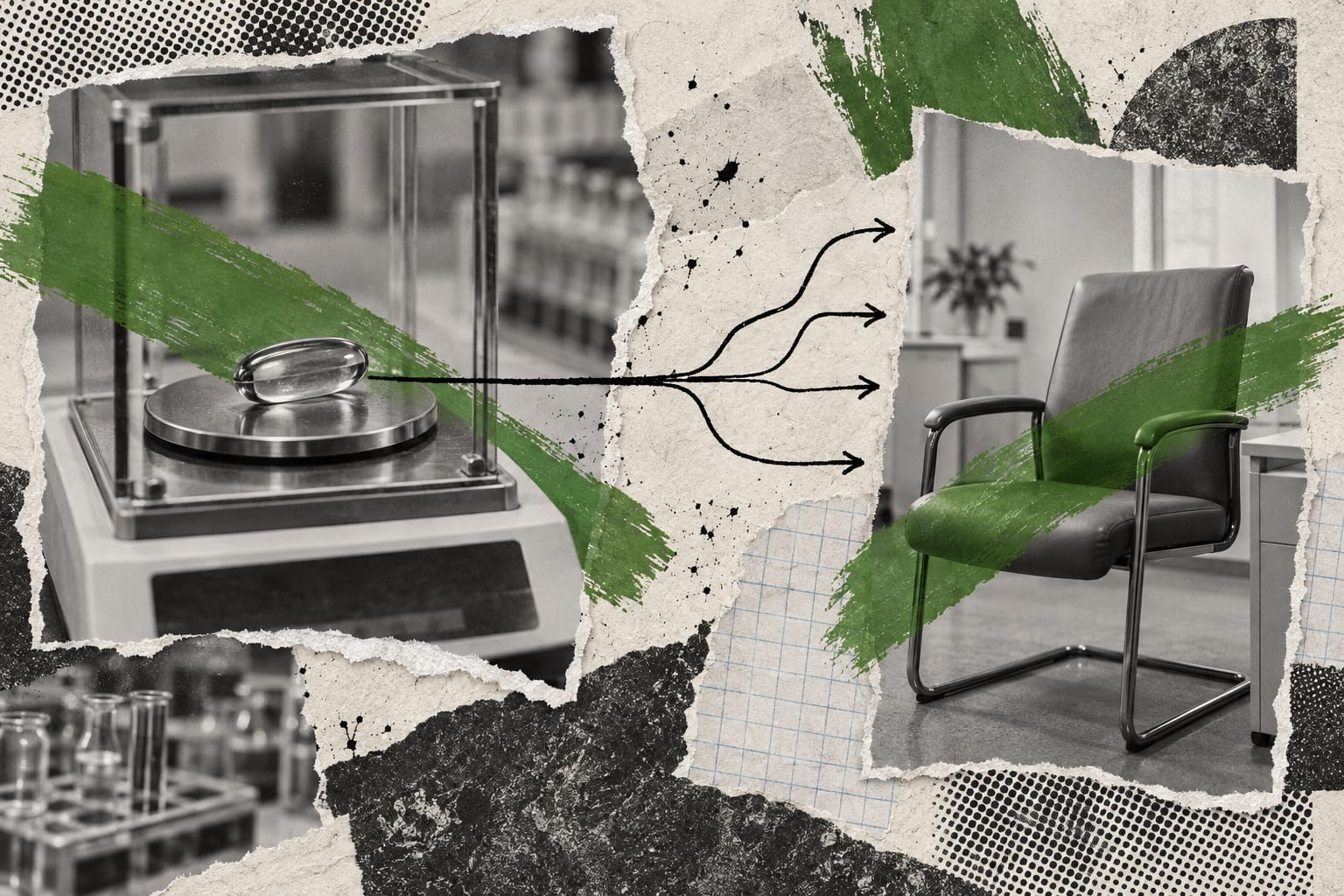 Black-and-white cutouts of a softgel capsule on a lab balance and an empty consultation chair overlap leaf-green strokes and ink lines.