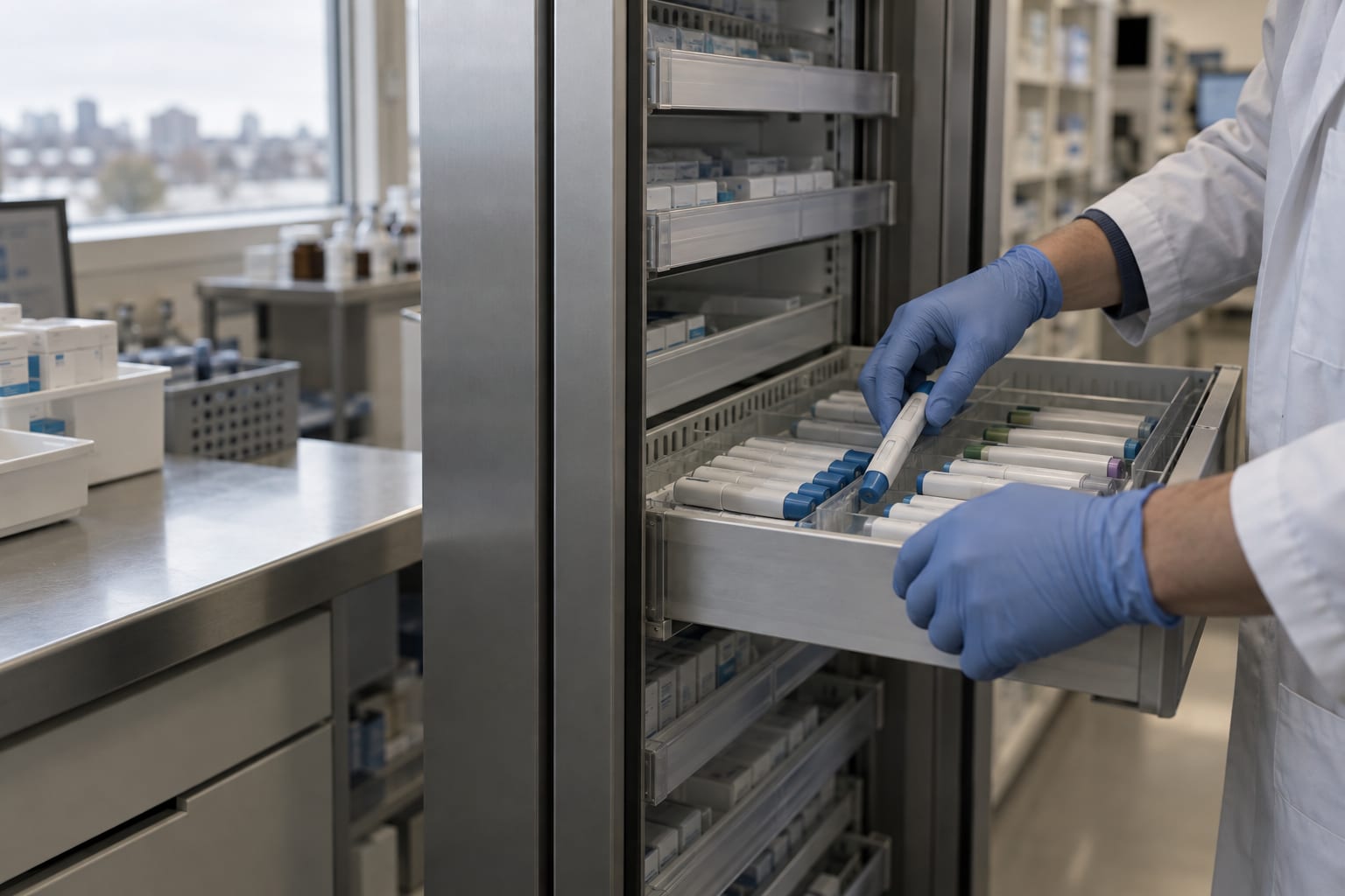 Gloved hands arrange unbranded injection pens inside a refrigerated pharmacy drawer.
