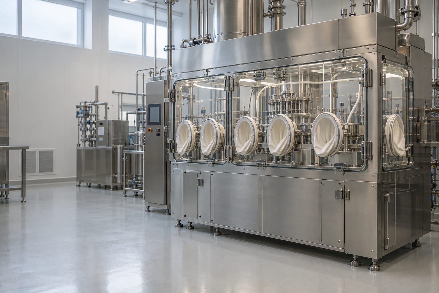 An enclosed pharmaceutical manufacturing isolator stands in a cleanroom behind observation glass.