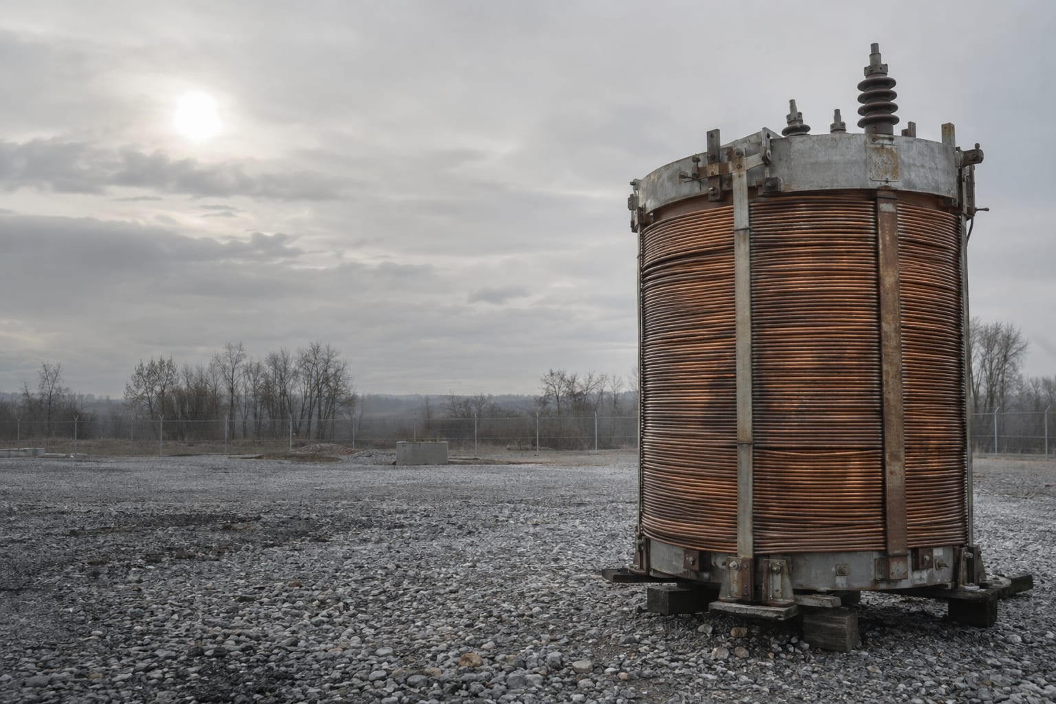 An oversized transformer coil stands on gravel in a rural electrical testing field under an overcast sky.