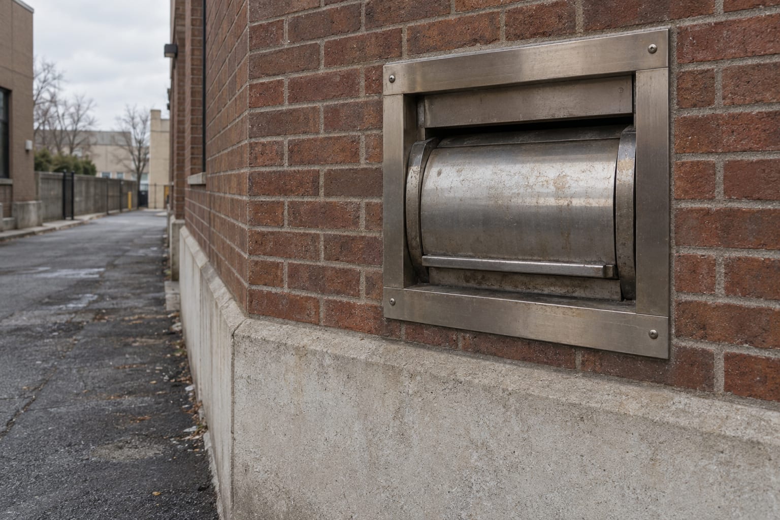 An unmarked cash deposit drum is set into an anonymous bank service wall.