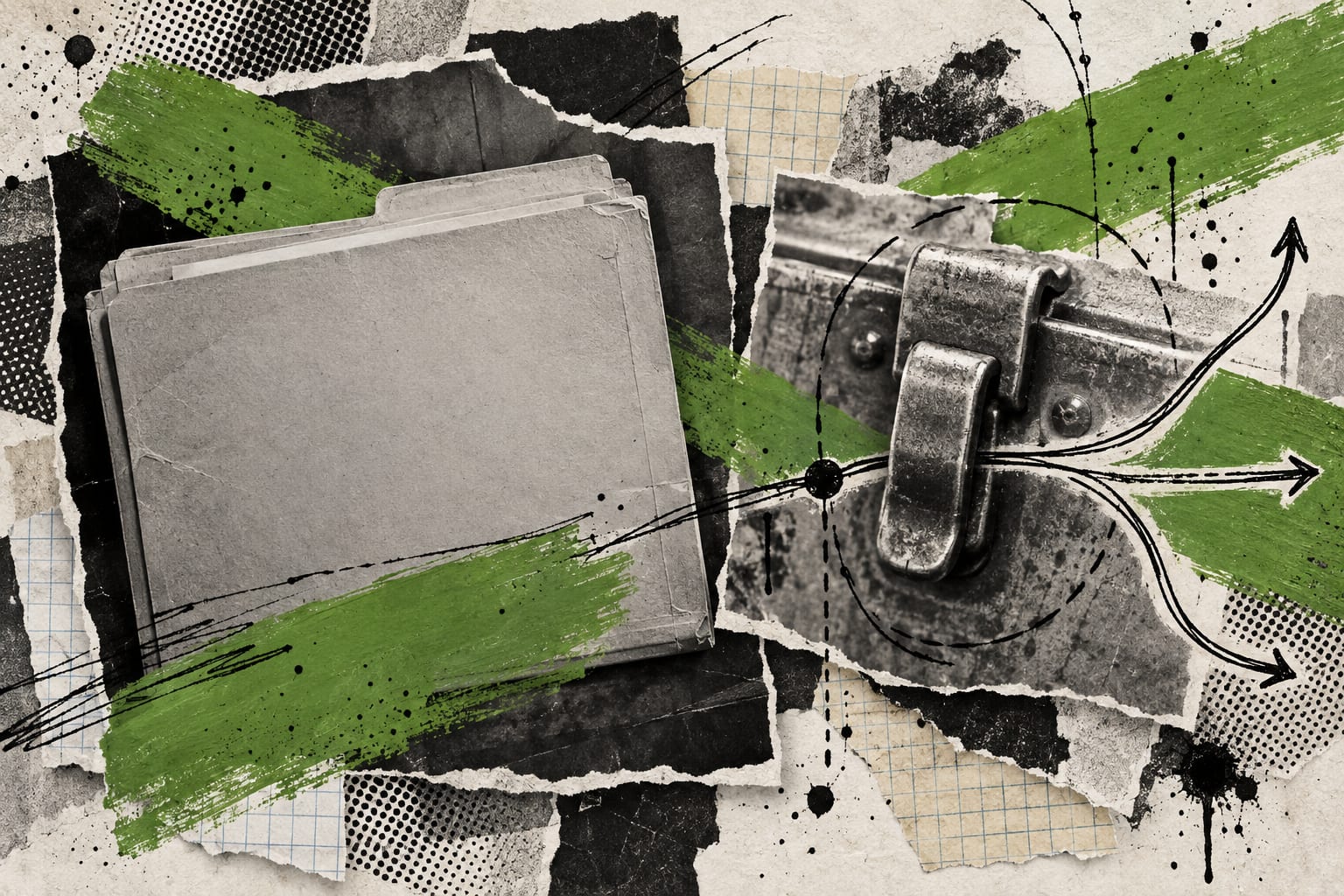 A blank archival folder and metal latch overlap in a leaf-green editorial collage.