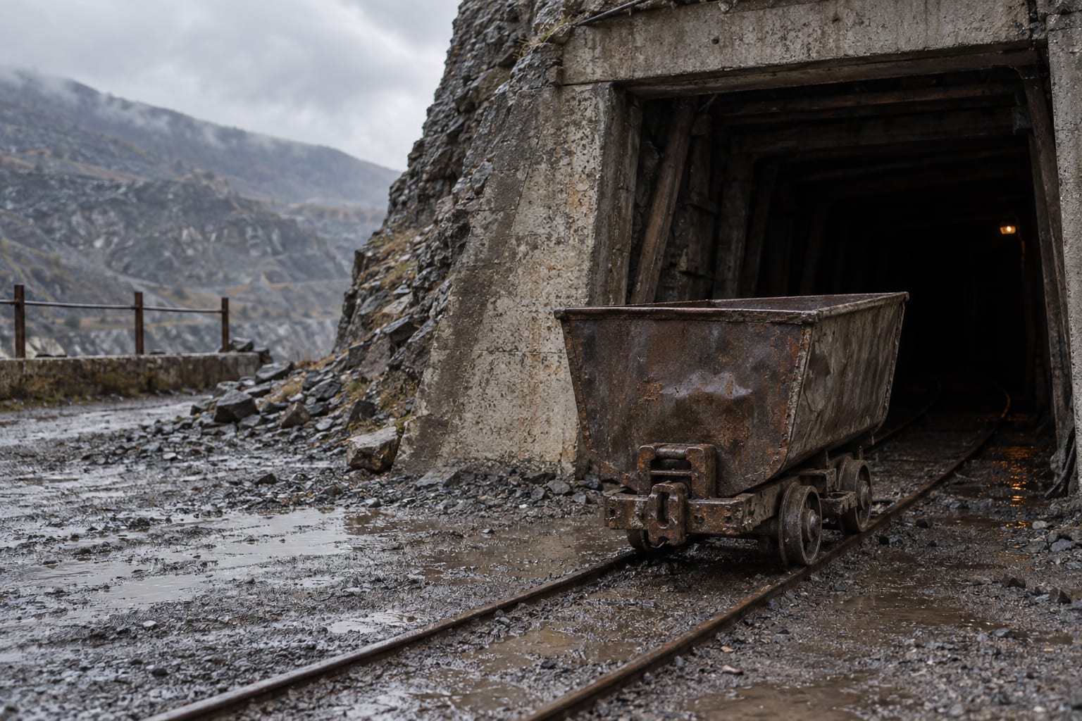 An empty ore wagon stands on wet rails beside an anonymous mine entrance under overcast skies.