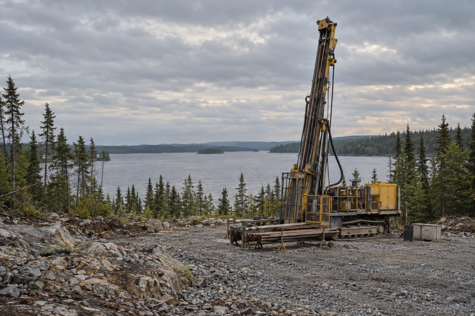 An exploration drill rig stands in a generic boreal lakeshore clearing under an overcast sky.