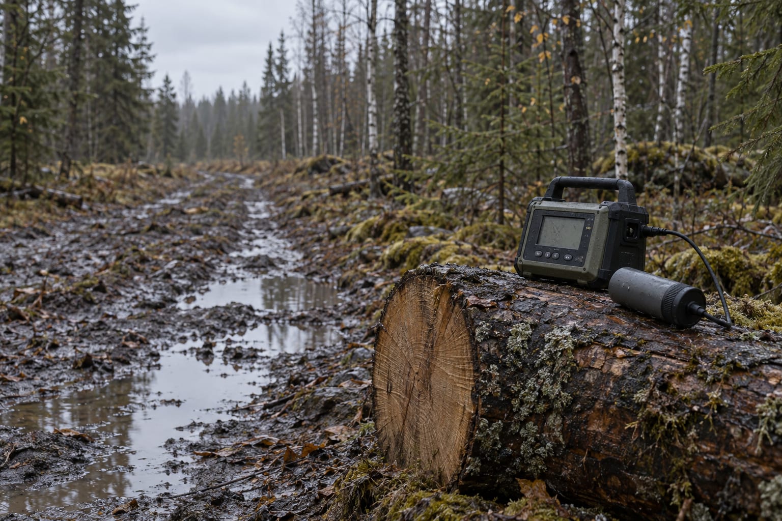 A portable gamma spectrometer rests on a log beside a damp boreal forest track.