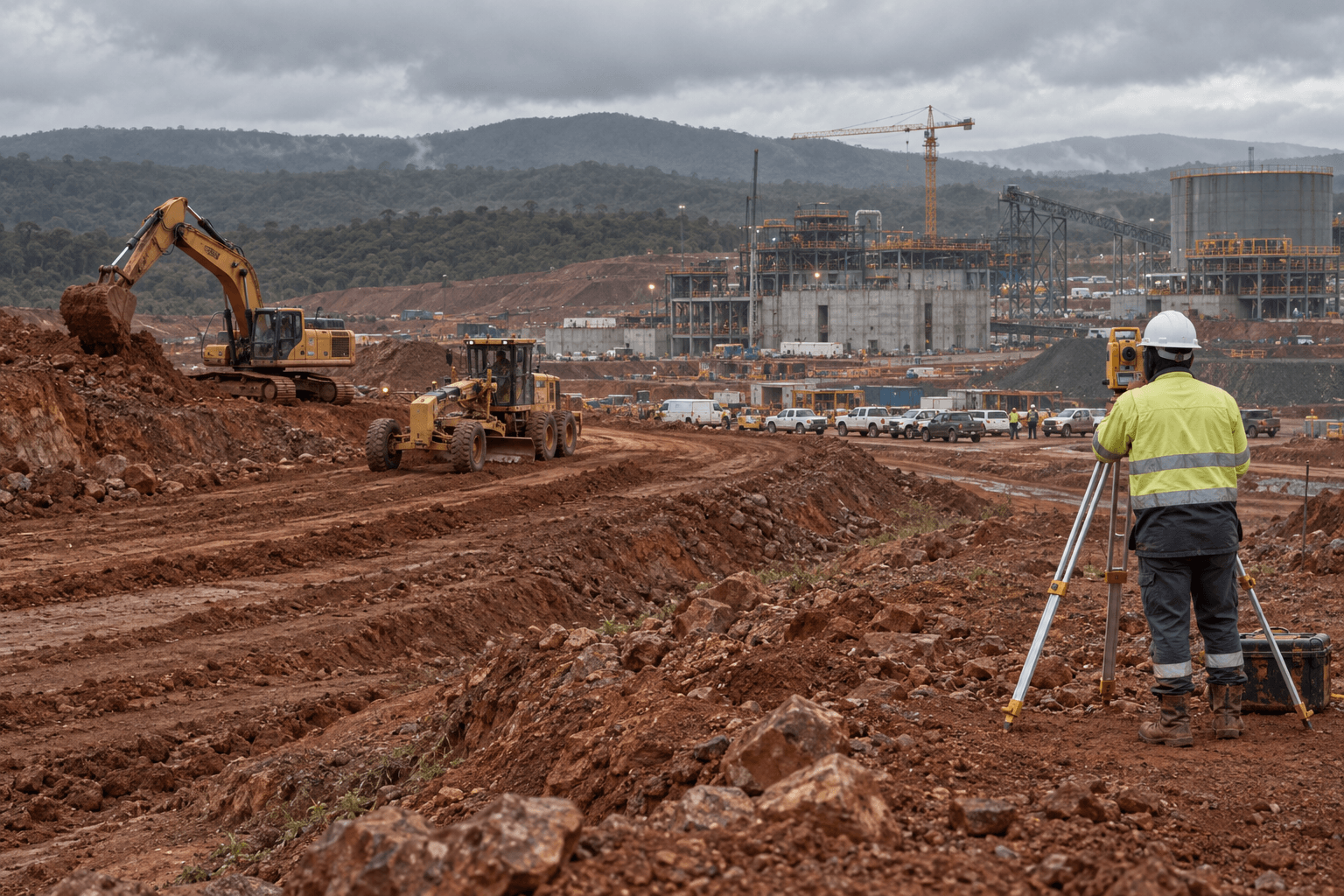 An excavator and a grader cut a haul road through red laterite at a mine construction site under low cloud, a surveyor at a tripod on the right.