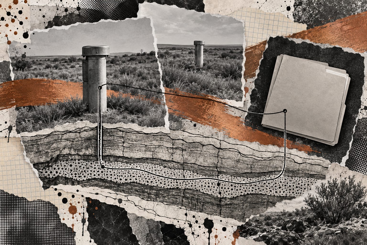 A collage pairs capped wellfield standpipes with an unmarked permit folder and a drawing of underground sandstone.