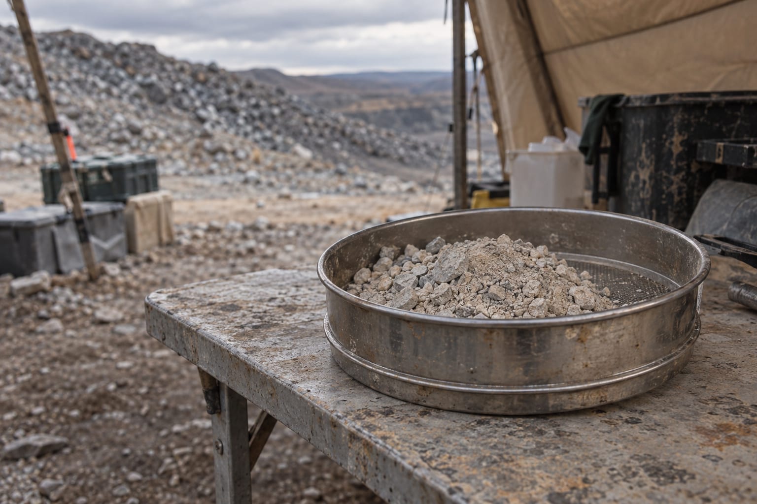An unmarked metal sieve of drill cuttings rests on a field table beneath a canvas shelter.