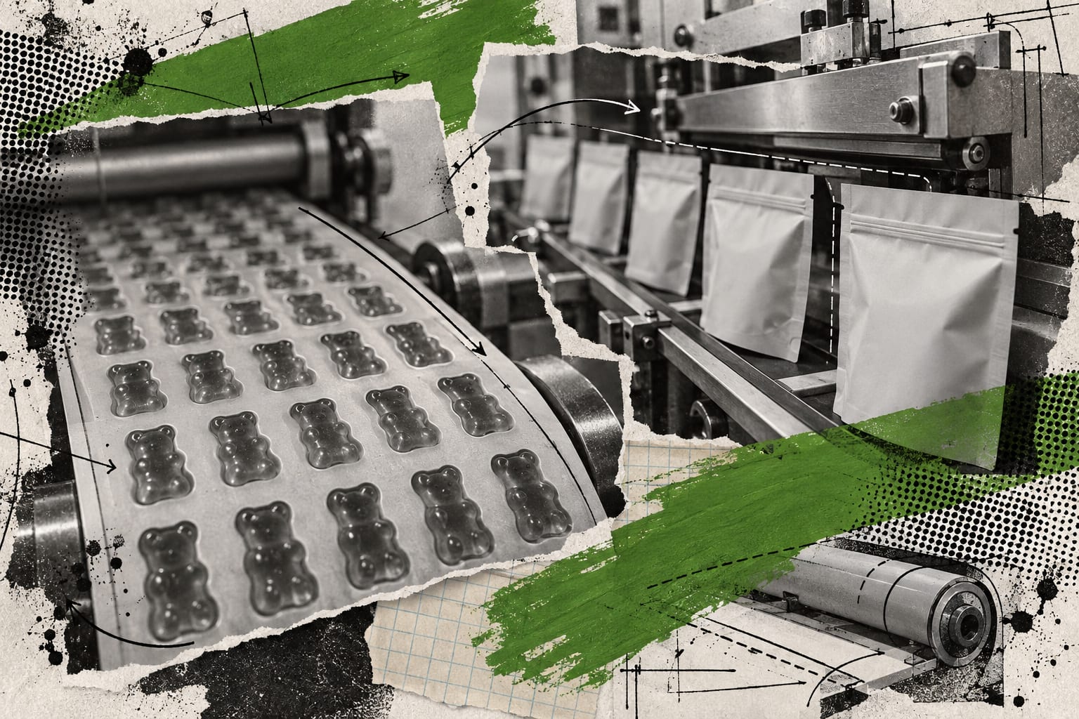 A mixed media collage shows an unbranded gummy mould and blank sealed pouches along a generic packaging line.