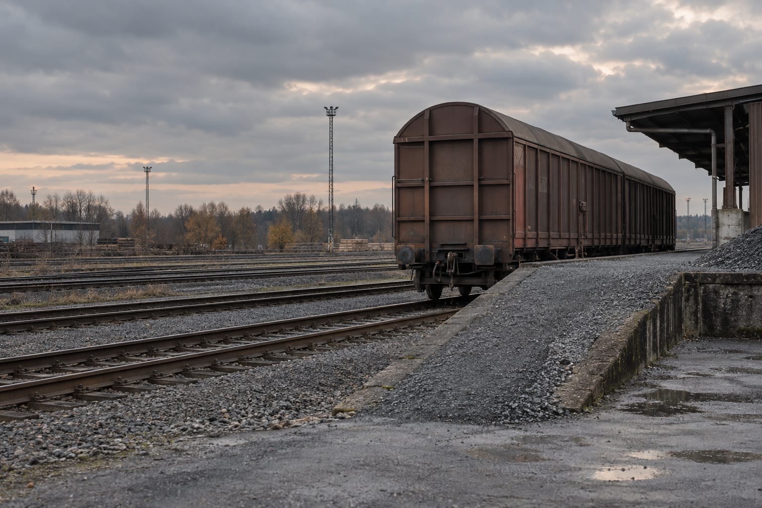 A covered freight wagon stands beside a gravel transfer ramp at an anonymous rail yard under overcast skies.