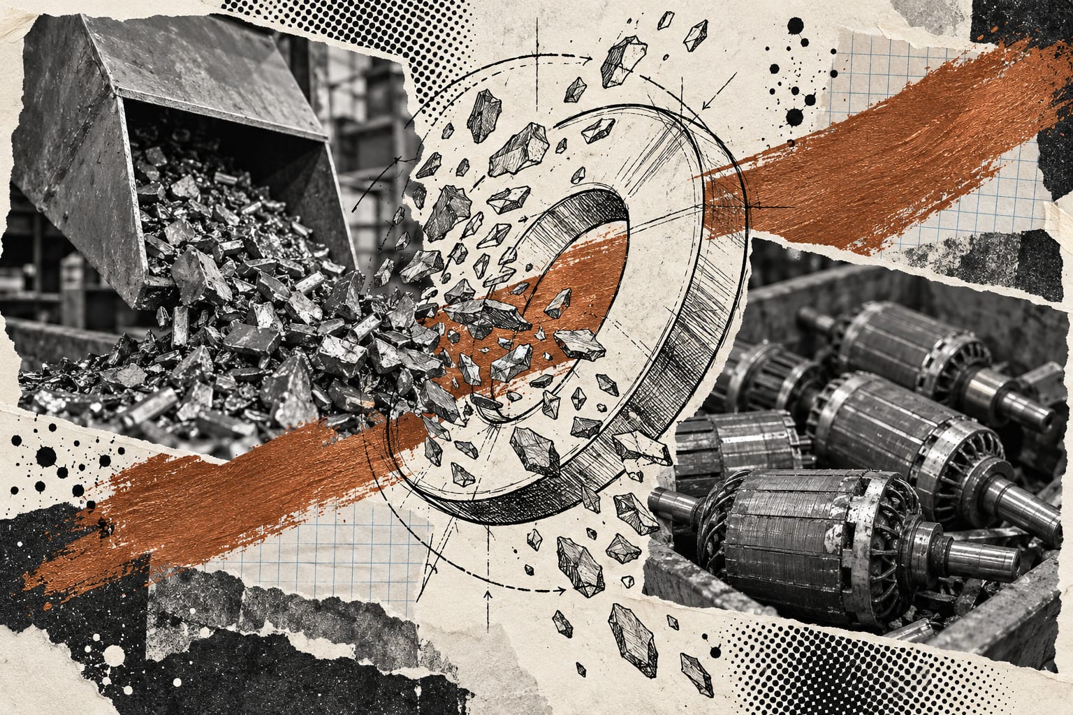 An editorial collage shows magnet fragments and an industrial separator with copper brush strokes.