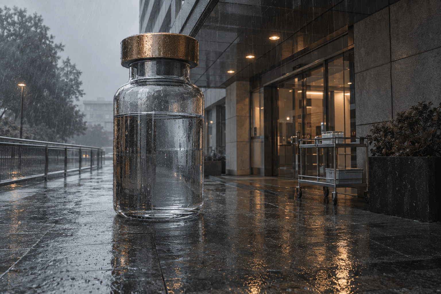 An oversized sealed medicine vial stands outside an unmarked clinic entrance in rain.