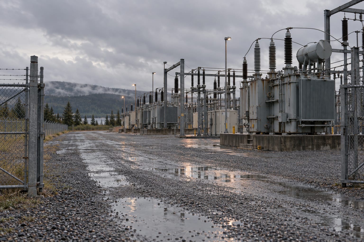 A transformer yard stands under grey clouds beside a wet gravel access road.