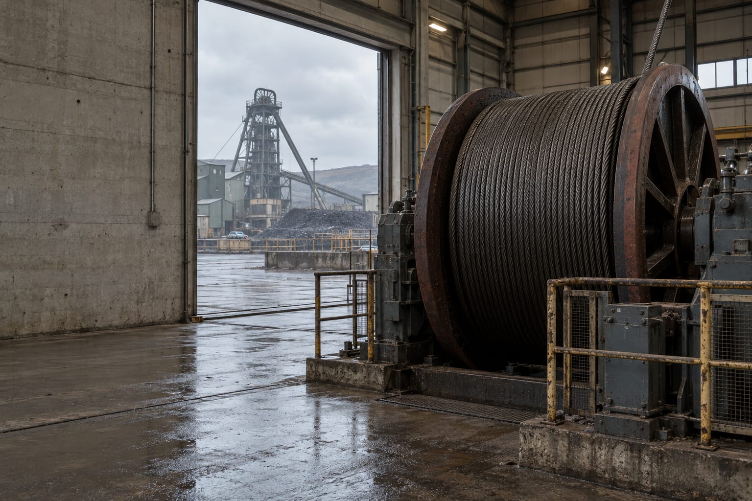A steel mine-hoist drum stands inside an anonymous winding house with an open service doorway.