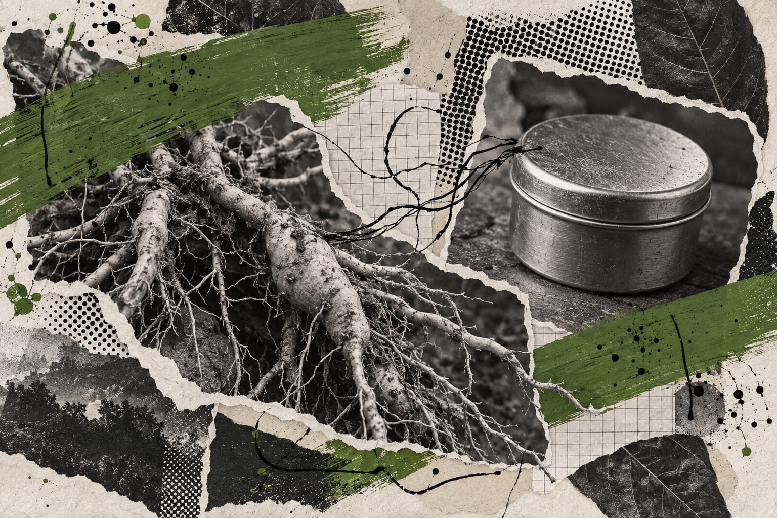 A collage layers black-and-white iboga roots and a sealed sample tin beneath leaf-green brush strokes.