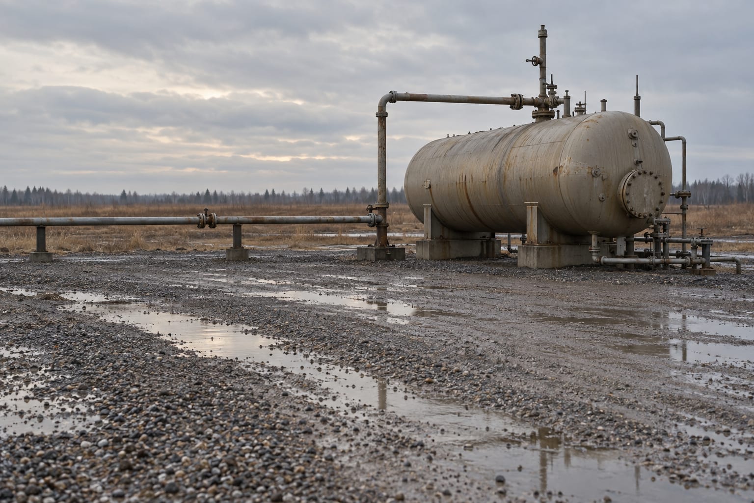 An empty processing yard contains a steel fluids separation tank beneath an overcast sky.