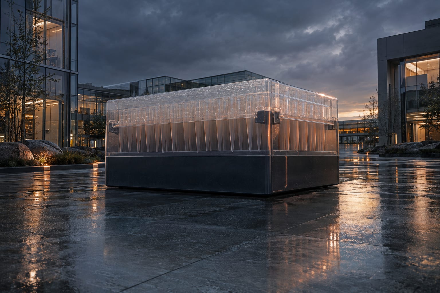 An oversized pipette tip box stands on wet paving outside an anonymous glass laboratory at blue hour.