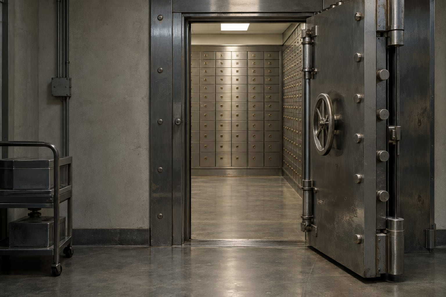 An open steel security door reveals rows of locked drawers in an anonymous bank vault.