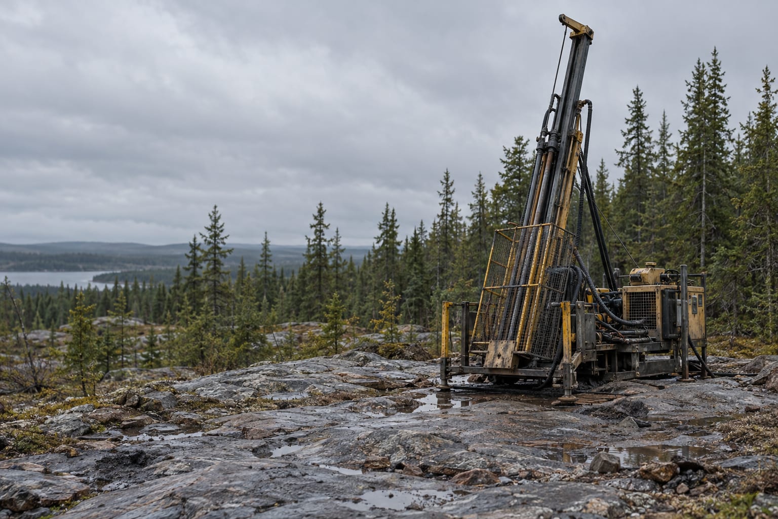 A diamond drill mast stands on wet bedrock beside an anonymous boreal woodland.