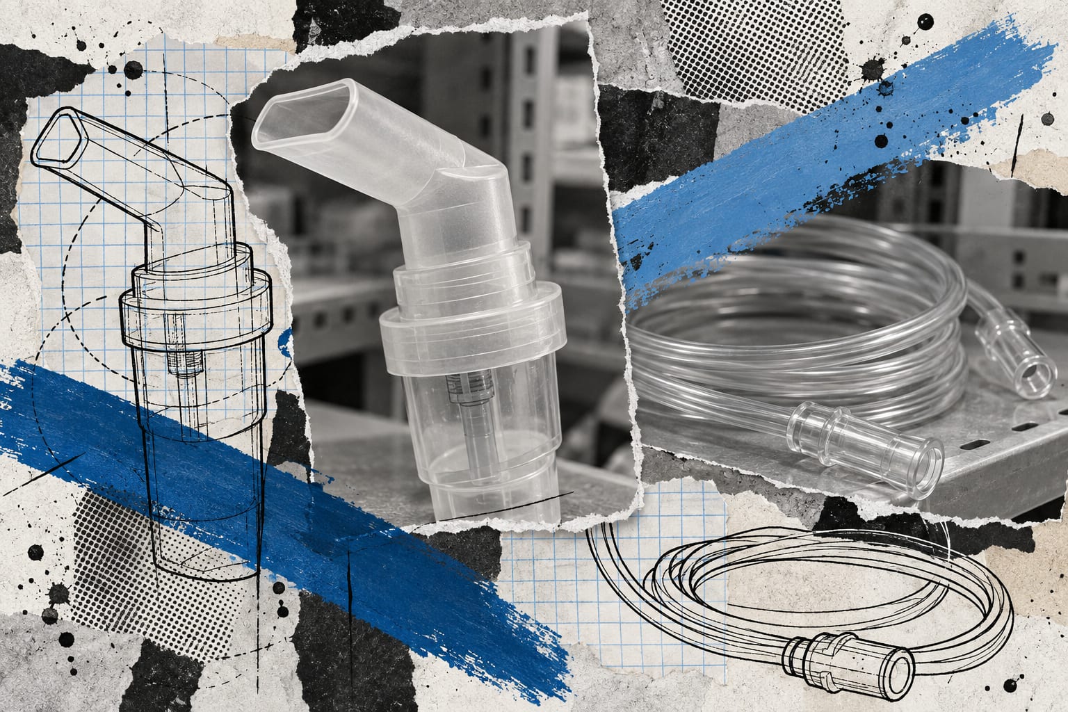 An editorial collage shows an unbranded inhalation mouthpiece and nebulizer tubing against layered paper.