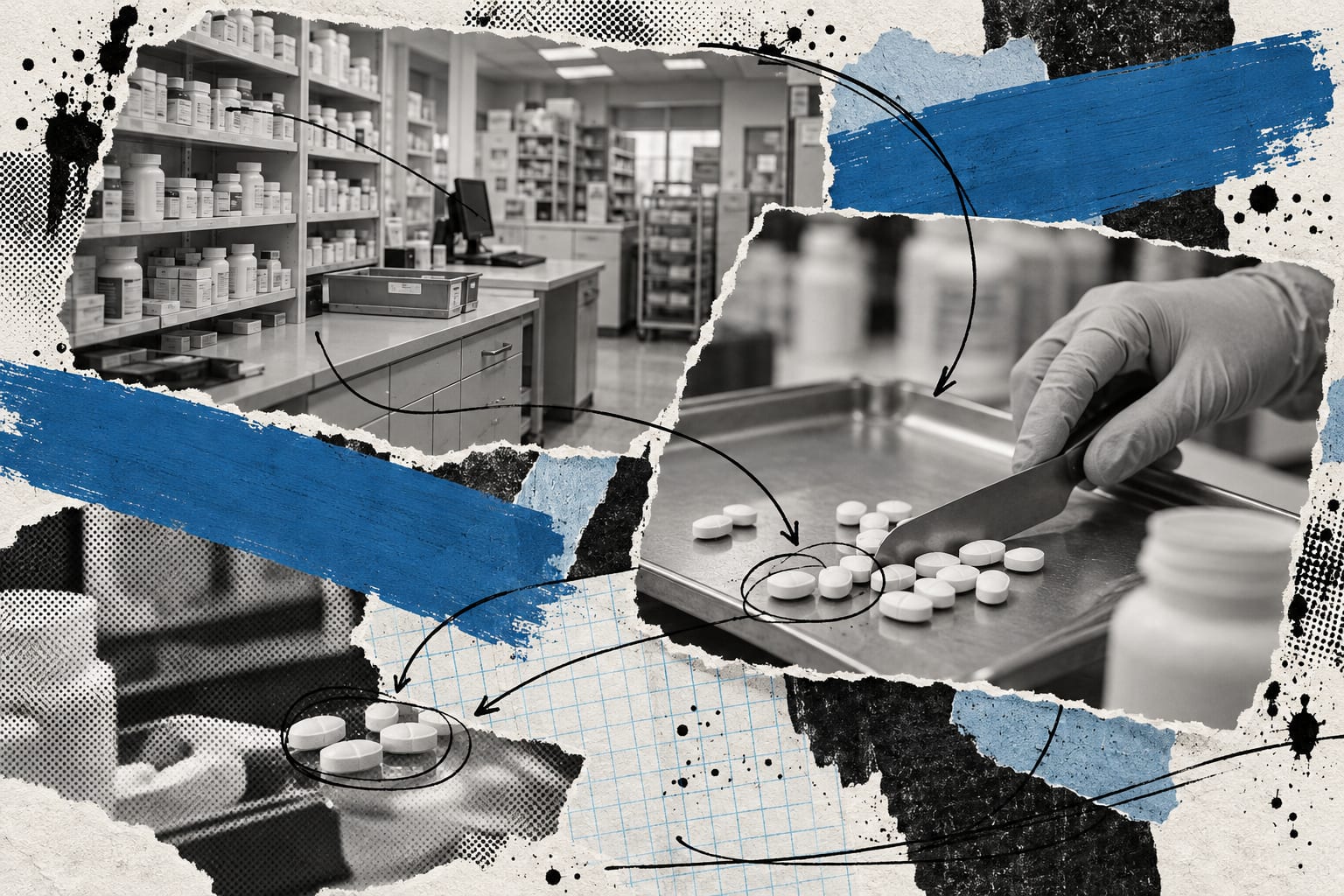 An unlabelled pharmacy counting tray and tablets appear in a black-and-white editorial collage crossed by cool blue paint.