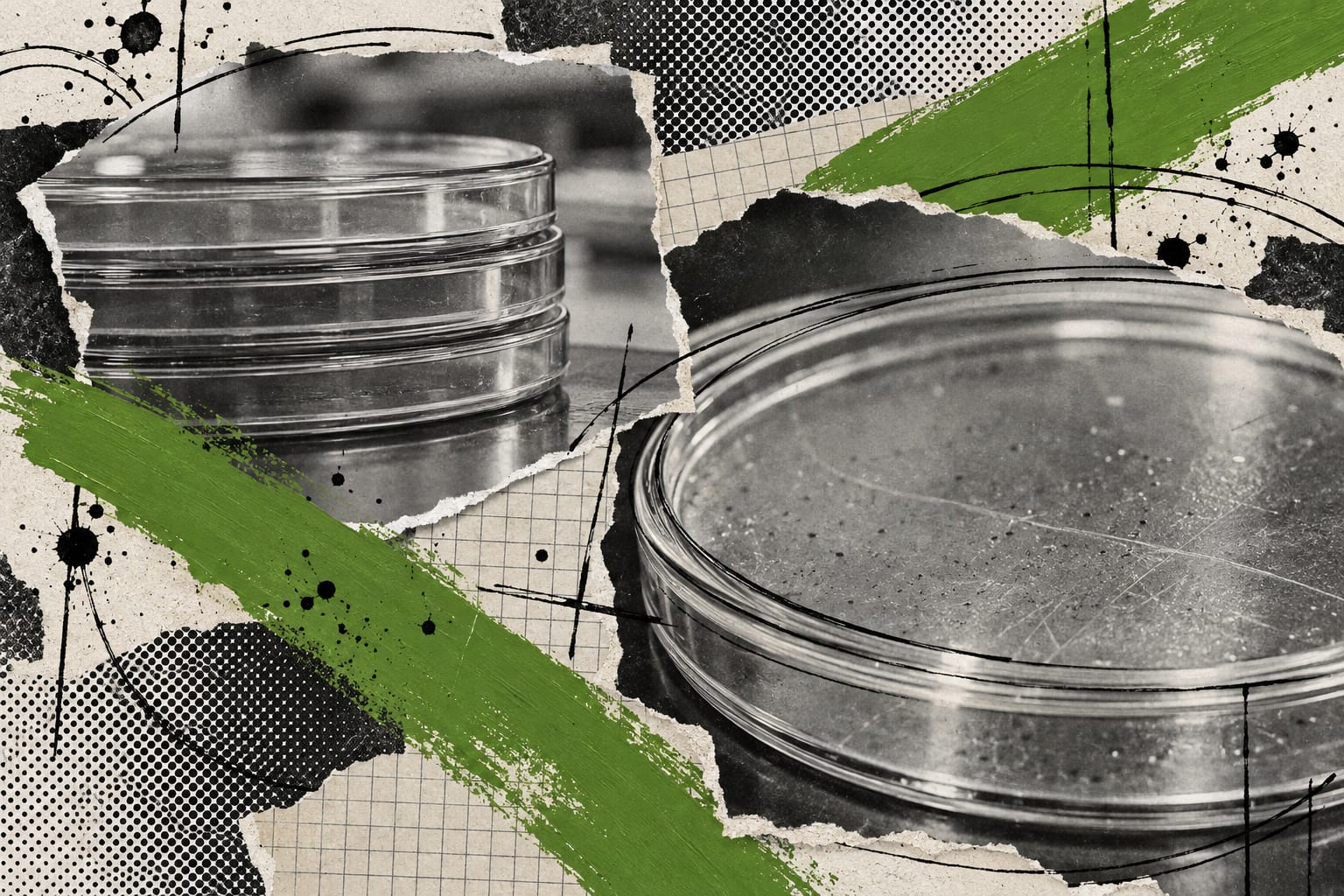 A mixed-media collage shows closed Petri dishes crossed by leaf-green brush strokes and loose black ink lines.
