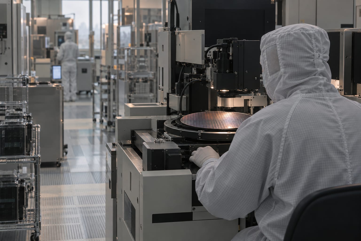 A cleanroom technician seen from behind inspects a silicon wafer on an unmarked station.