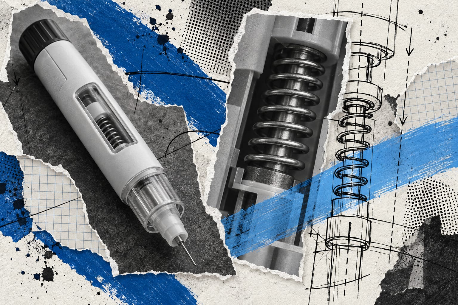 A mixed-media collage shows an injector body and an enlarged spring mechanism with cool blue painted strokes.