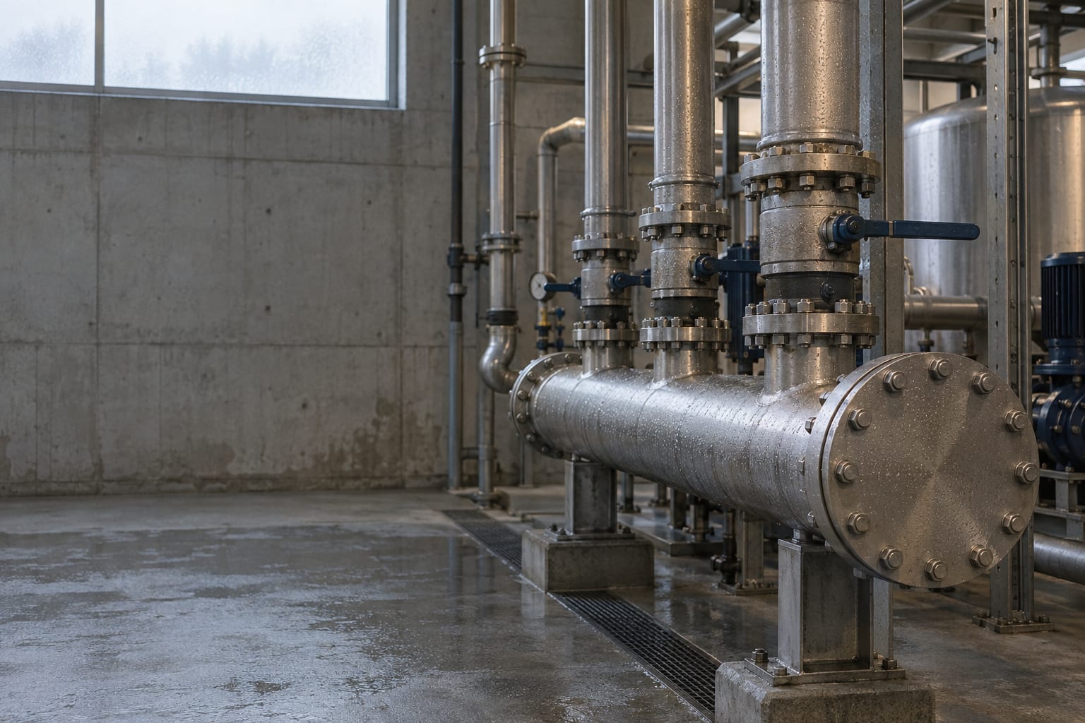 A stainless-steel cooling manifold stands in a generic industrial plant room under overcast daylight.