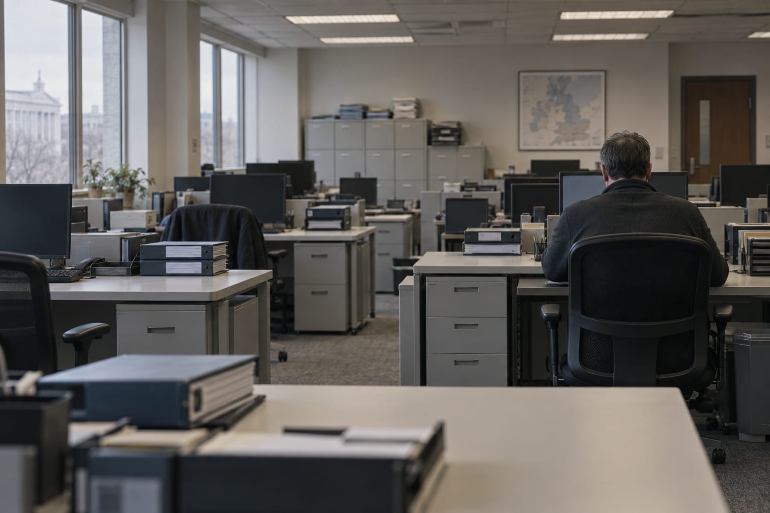 An anonymous government IT office has vacant workstations and a technician seen from behind.