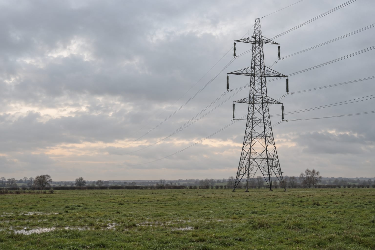 A steel electricity-transmission pylon rises over flat green pasture beneath a grey sky.