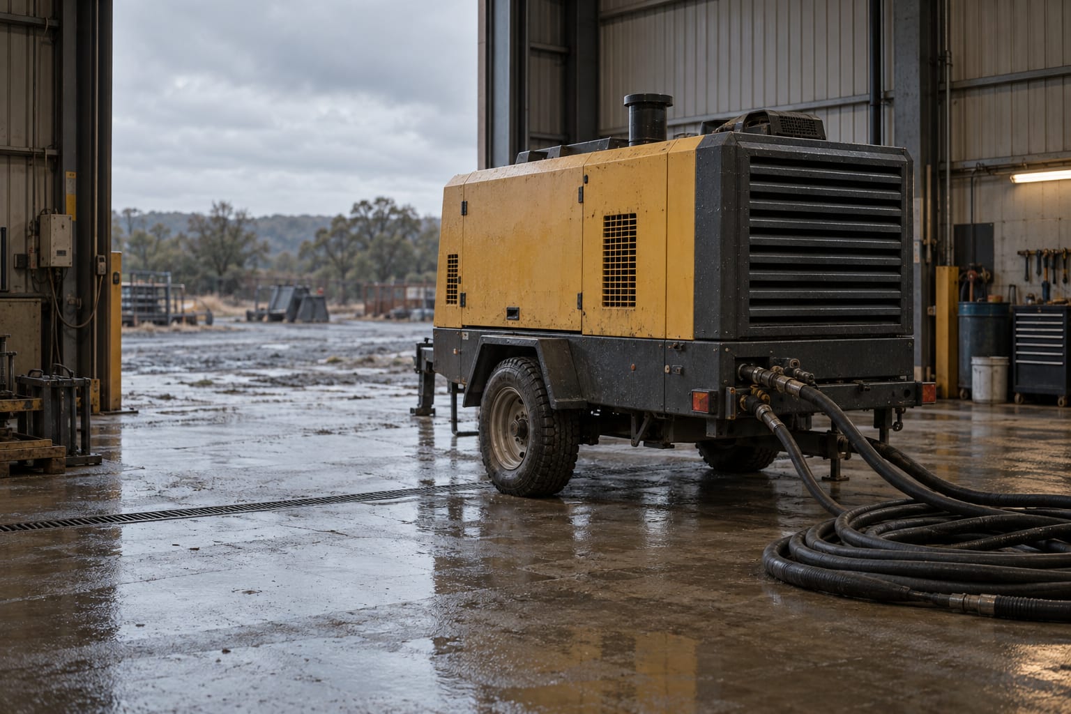 An unmarked drilling air compressor stands inside an empty equipment maintenance bay on a cloudy day.