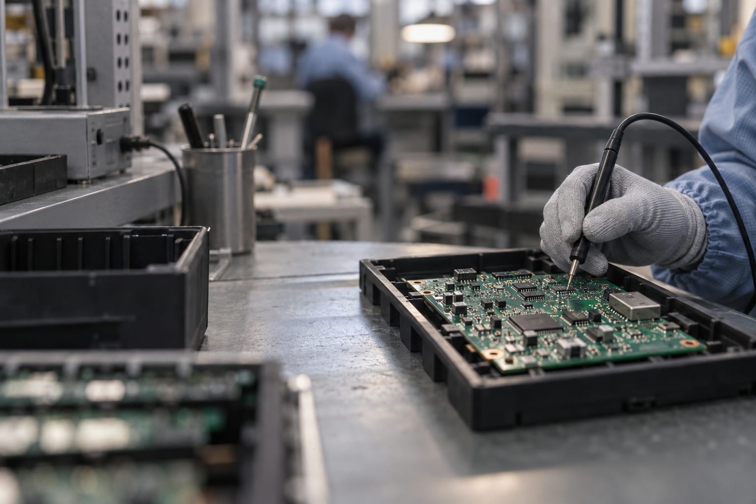 A single unbranded circuit board rests in a tray at an anonymous electronics inspection station.
