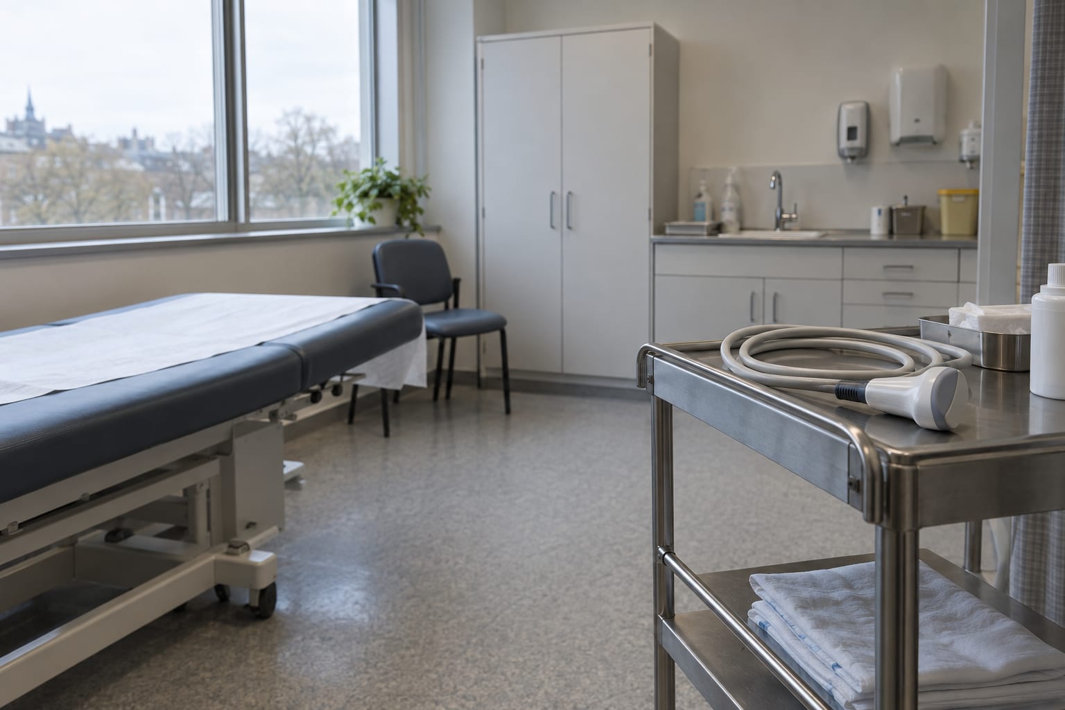 An ultrasound probe rests on a trolley in an anonymous vascular imaging suite.