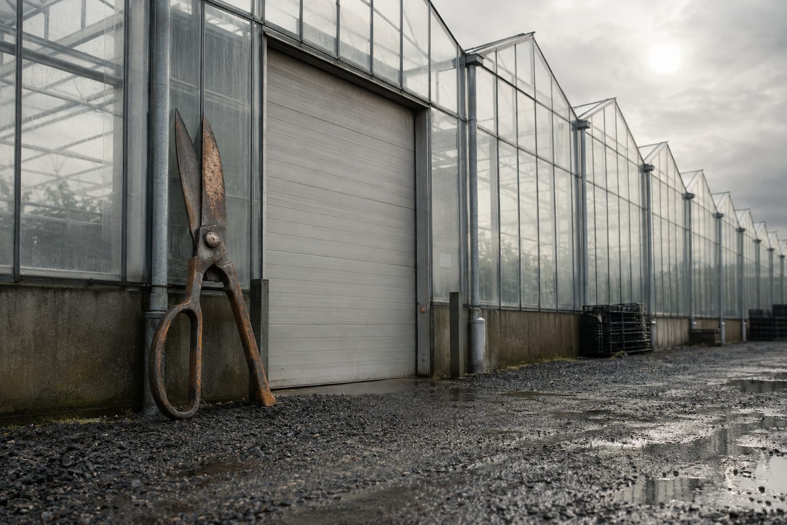 An oversized trimming shear stands beside an anonymous greenhouse loading door on wet gravel.
