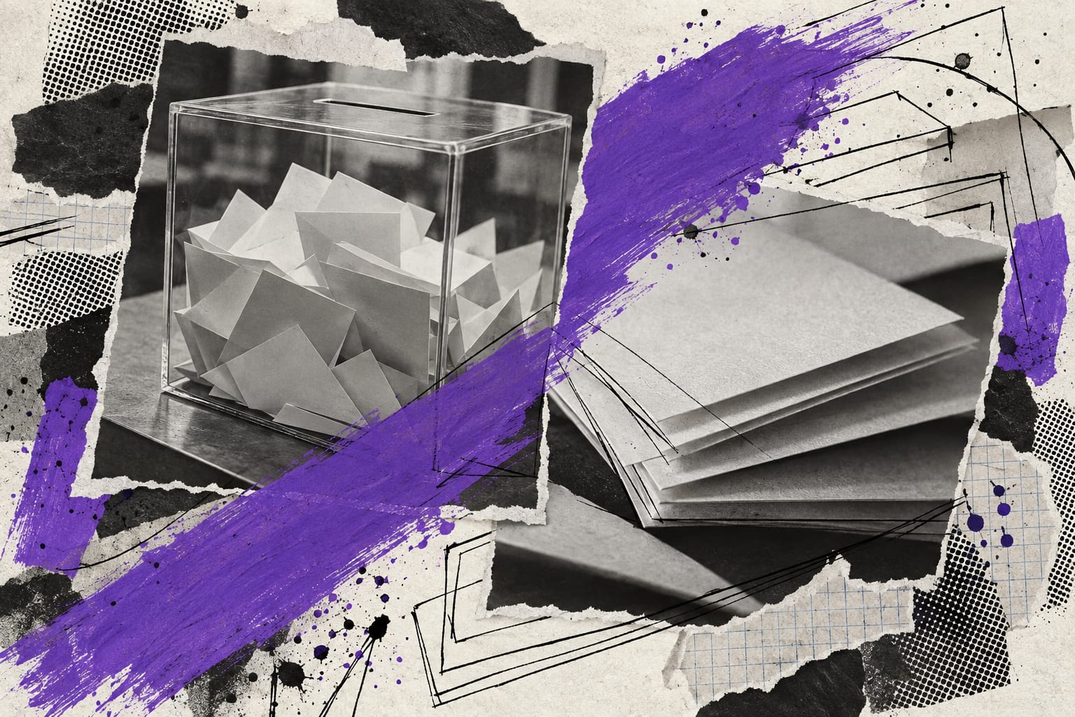 Black-and-white cut-outs of a ballot box and blank paper slips overlap beneath violet ink and painted strokes.