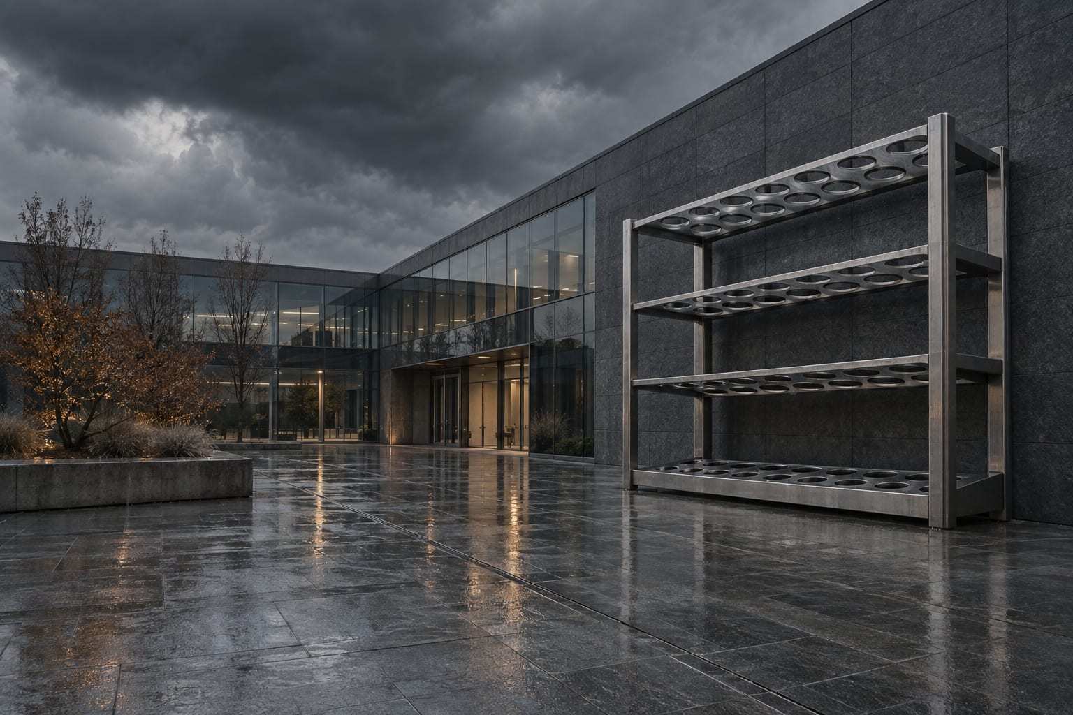 An oversized empty sample rack stands outside an unmarked research building under a slate-grey sky.