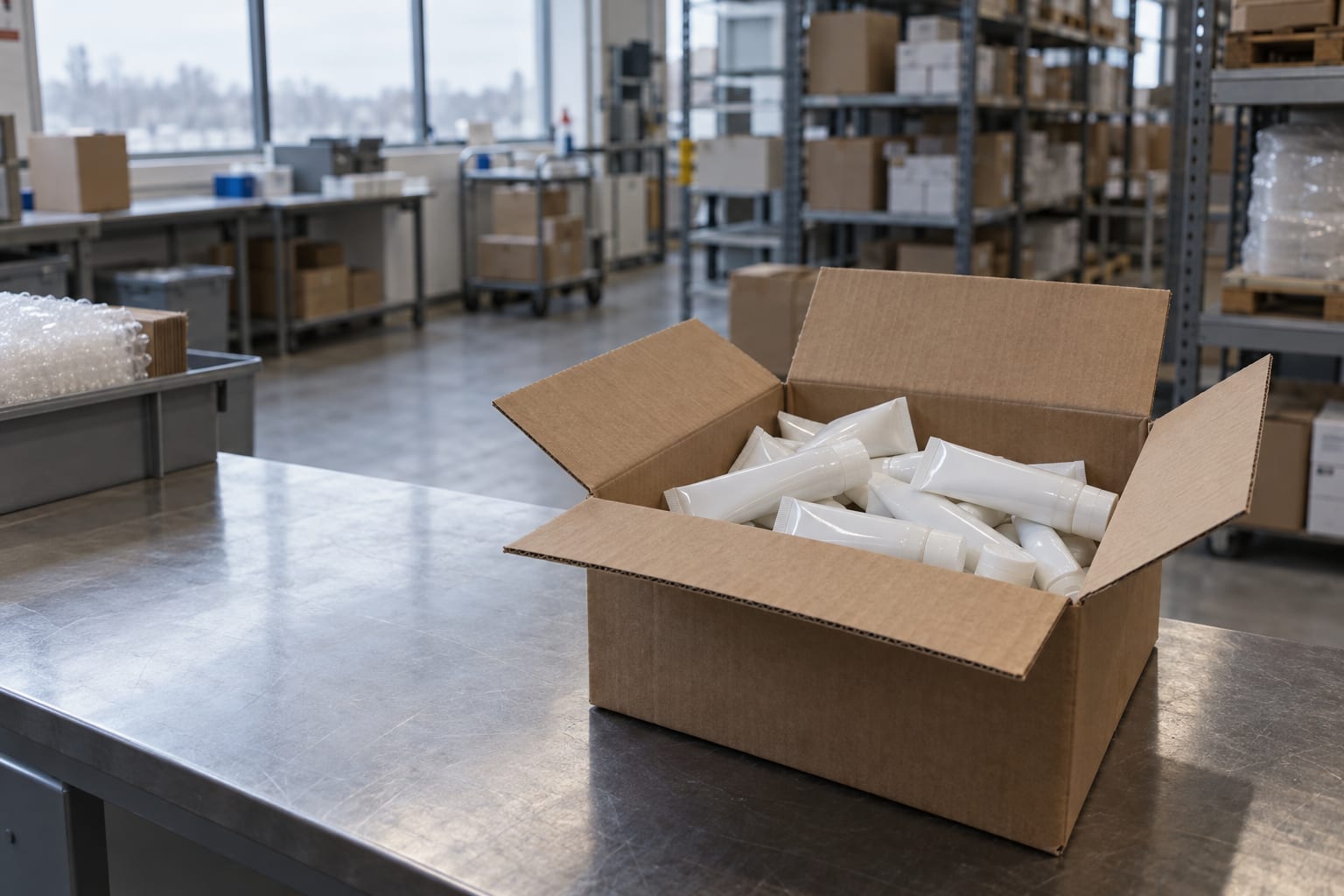 An open cardboard carton holds unmarked white tubes on a warehouse packing counter.