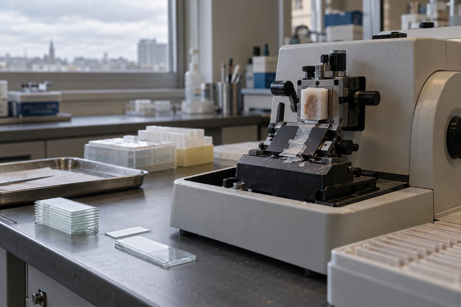 A microtome holds a paraffin tissue block on an anonymous pathology preparation bench.