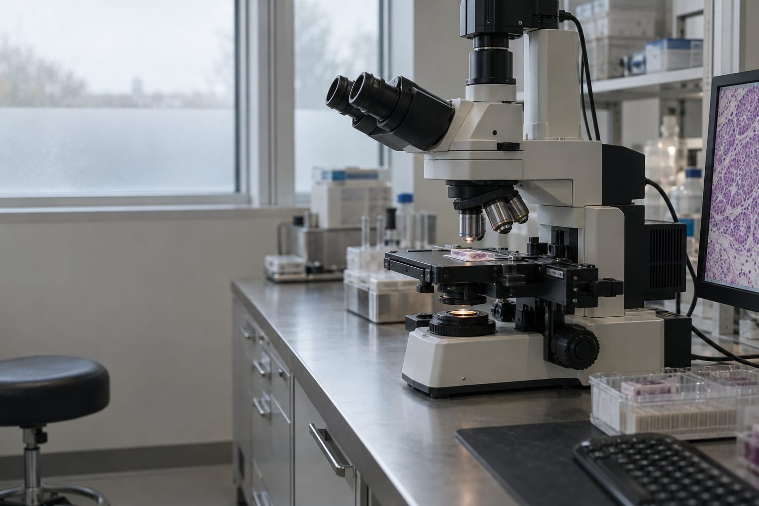 A microscope holds a tissue slide in an anonymous research imaging suite.