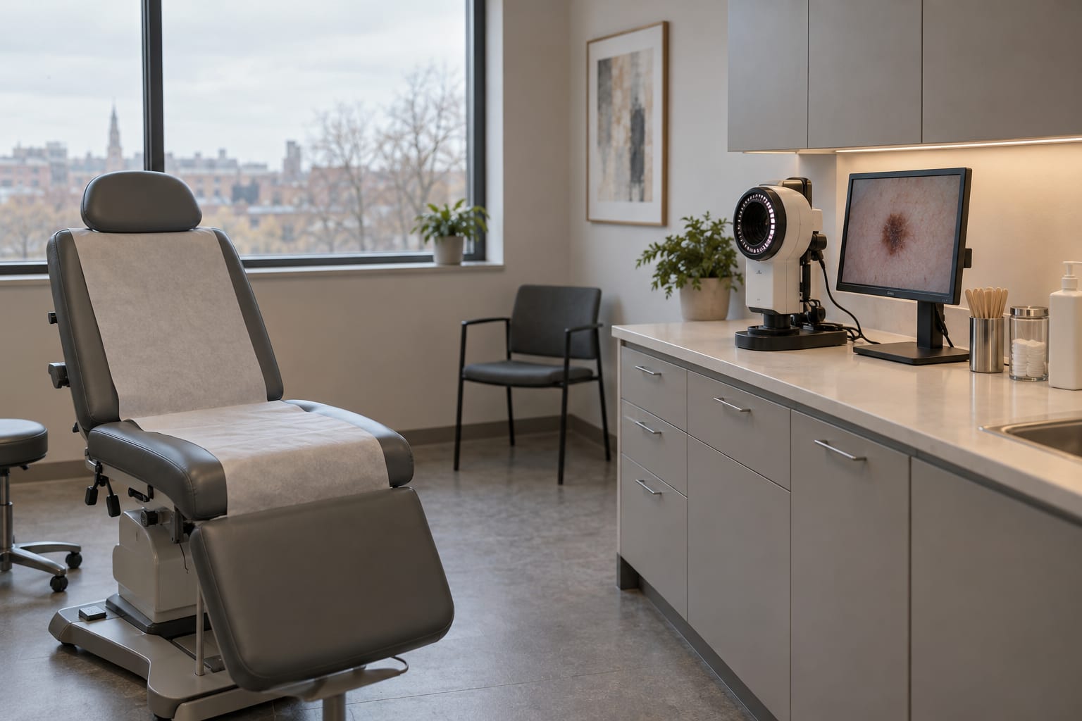 A skin imaging camera rests on a worktop inside an anonymous dermatology clinic.