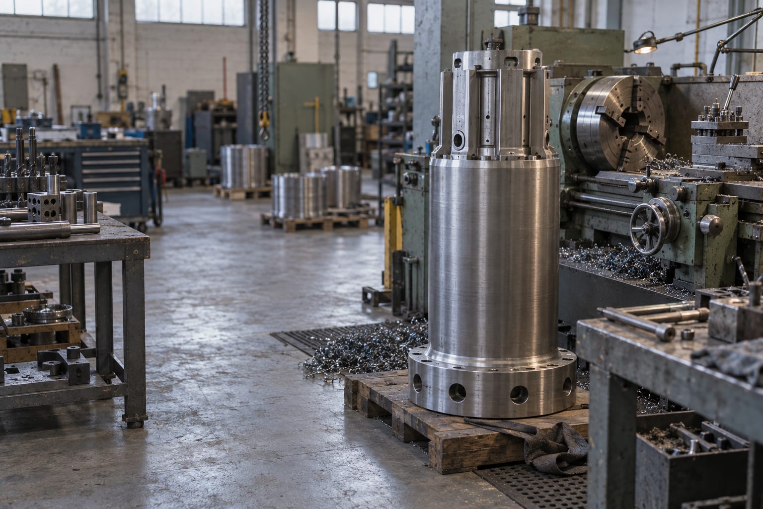 A machined control rod drive housing rests in an anonymous metalworking shop.