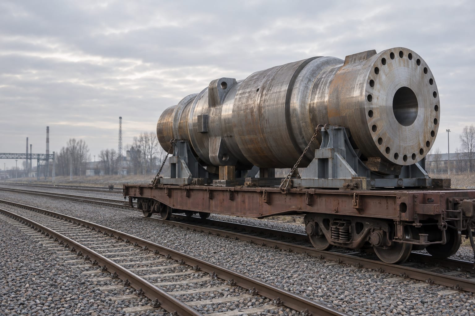 A large steel reactor-component forging rests on a freight wagon at a quiet rail siding.