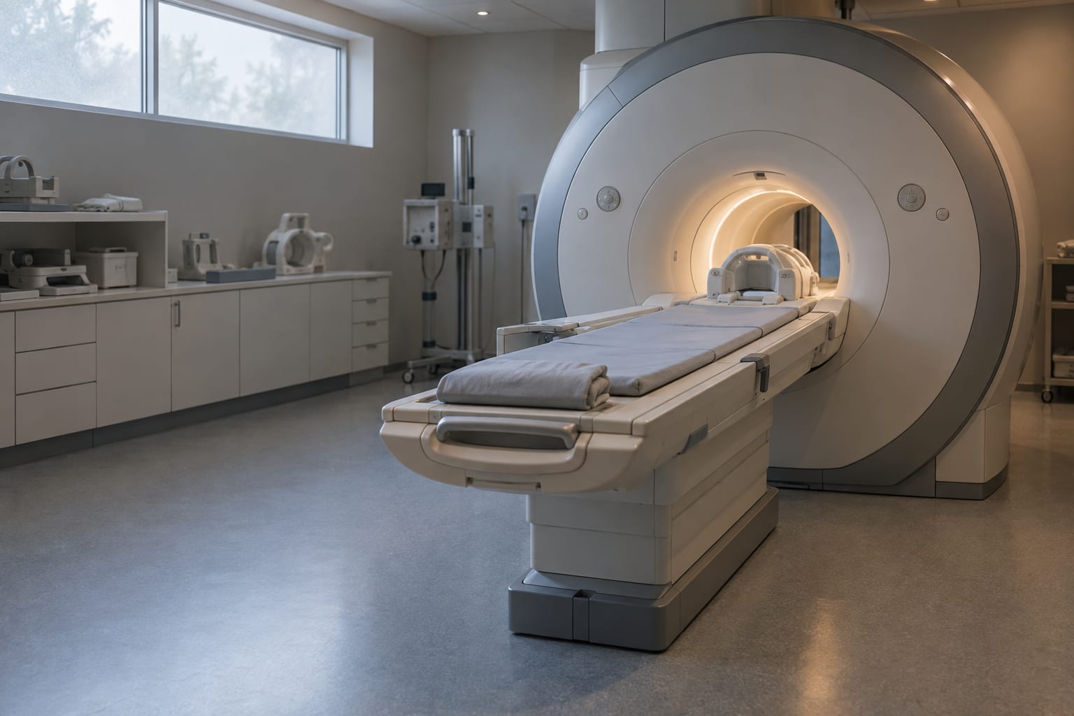 An empty imaging suite shows an MRI scanner under pale daylight.
