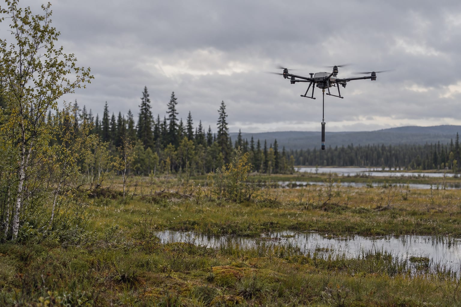 A survey drone with a magnetic sensor hovers over a wet meadow beside a boreal forest.