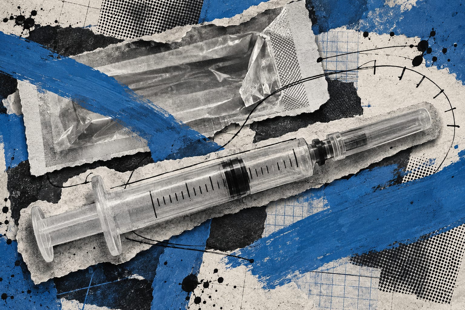 A capped syringe and its sterile wrapper overlap in a medical collage with cool blue paint strokes.